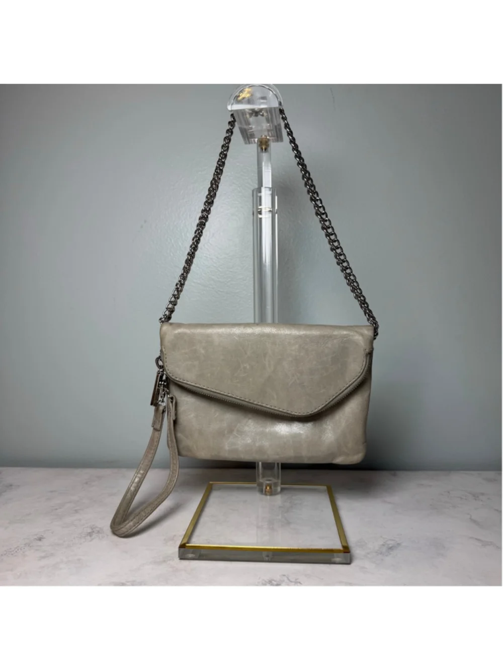Women's Hobo Daria Leather Shoulder Bag Clutch Small Taupe Silver